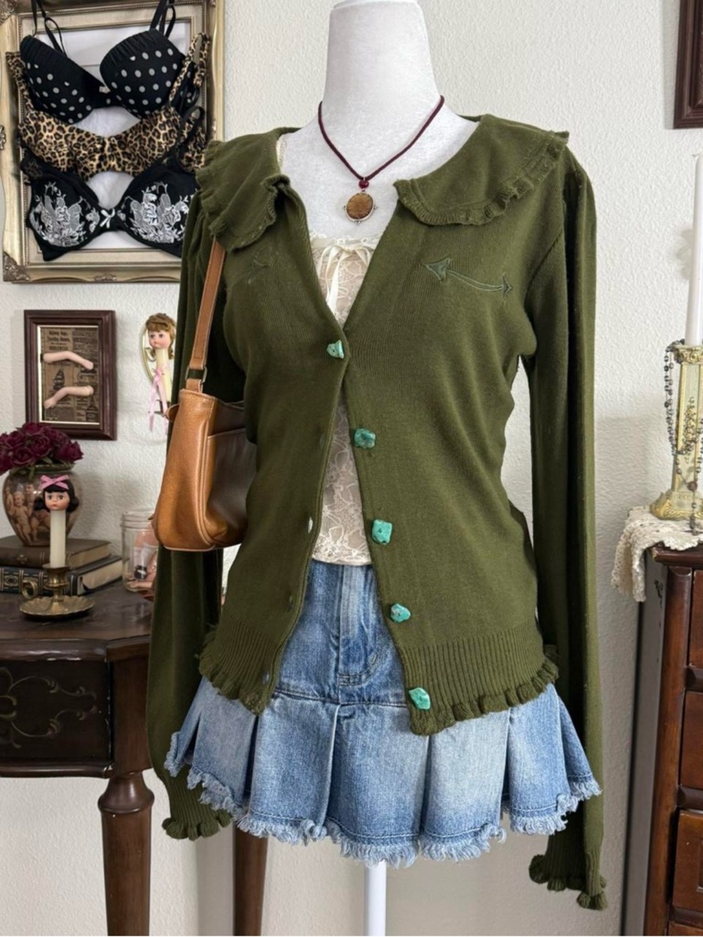dainty whimsical prairie fairy grunge moss green knit peter pan collar cardigan - Picture 2 of 5